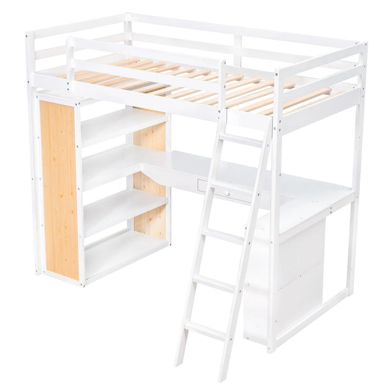 Cama alta individual con escalera, estantes y escritorio