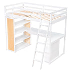 Cama alta individual con escalera, estantes y escritorio