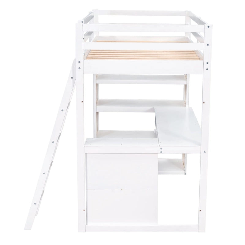 Cama alta individual con escalera, estantes y escritorio