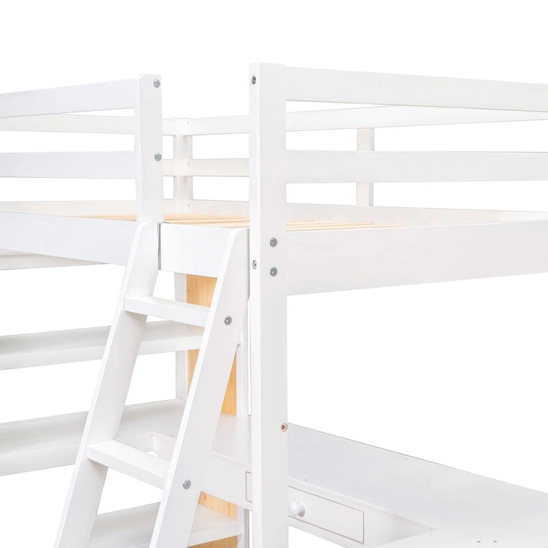 Cama alta individual con escalera, estantes y escritorio