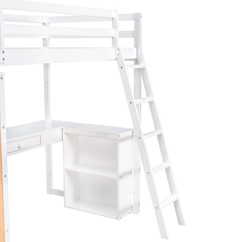 Cama alta individual con escalera, estantes y escritorio