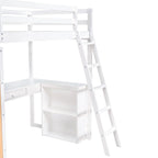 Cama alta individual con escalera, estantes y escritorio