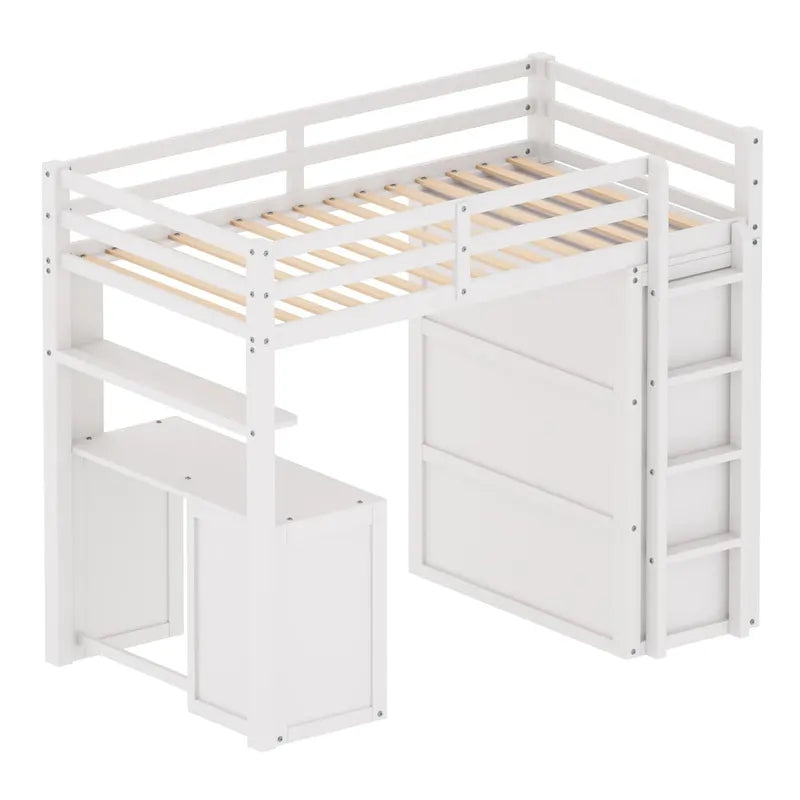 Cama alta individual con cajones, escritorio y armario