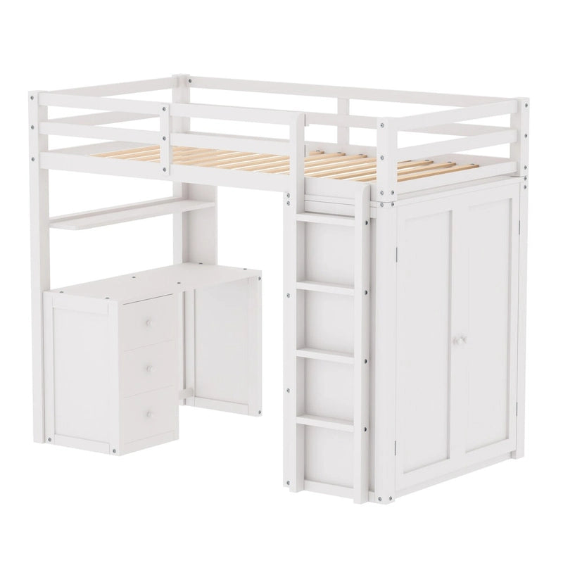 Cama alta individual con cajones, escritorio y armario