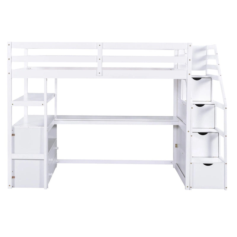 White Pine Loft Bed with Desk, Shelves, Storage Drawers, Storage Staircase