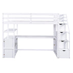 White Pine Loft Bed with Desk, Shelves, Storage Drawers, Storage Staircase
