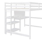 Full Size Wooden Loft Bed with Shelves, Desk and Writing Board