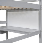 Cama alta de madera de tamaño matrimonial con estantes, escritorio y pizarra para escribir