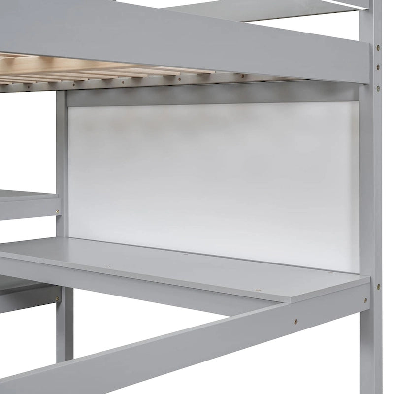 Cama alta de madera de tamaño matrimonial con estantes, escritorio y pizarra para escribir