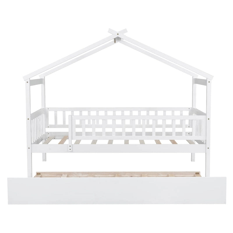 Cama infantil con forma de casita, de madera de pino, tamaño individual con cama nido tamaño individual y barandilla de cuerpo entero