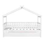 Cama infantil con forma de casita, de madera de pino, tamaño individual con cama nido tamaño individual y barandilla de cuerpo entero