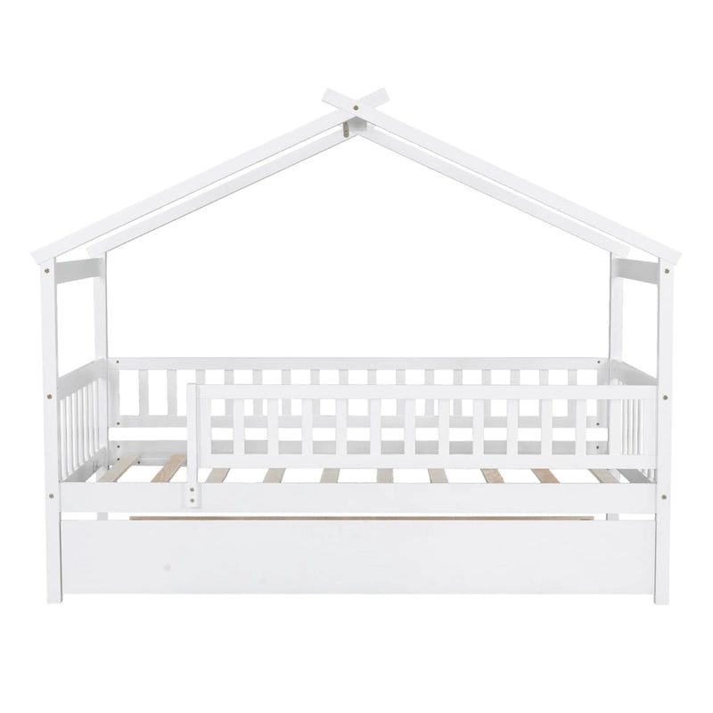 Cama infantil con forma de casita, de madera de pino, tamaño individual con cama nido tamaño individual y barandilla de cuerpo entero