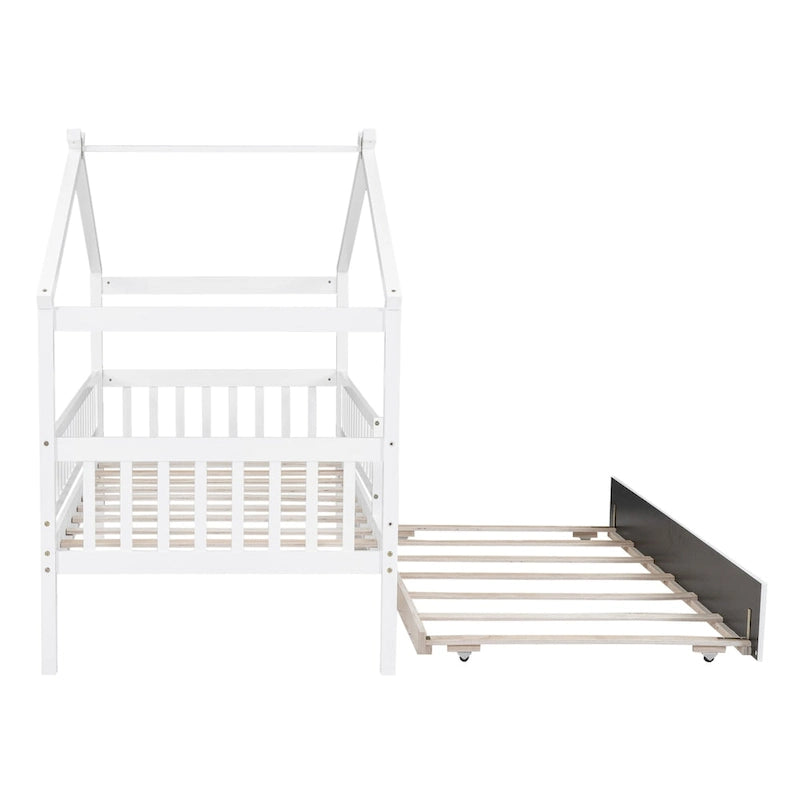 Cama infantil con forma de casita, de madera de pino, tamaño individual con cama nido tamaño individual y barandilla de cuerpo entero