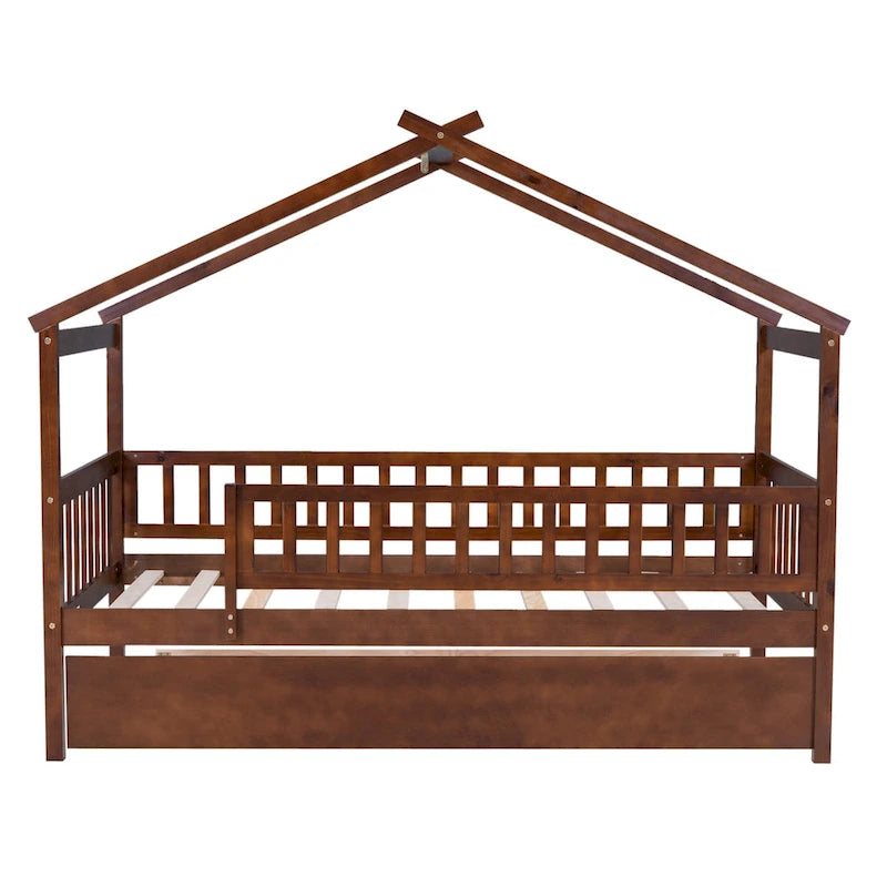 Cama infantil con forma de casita, de madera de pino, tamaño individual con cama nido tamaño individual y barandilla de cuerpo entero