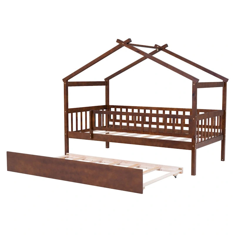 Cama infantil con forma de casita, de madera de pino, tamaño individual con cama nido tamaño individual y barandilla de cuerpo entero