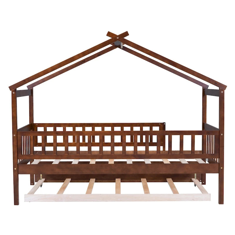 Cama infantil con forma de casita, de madera de pino, tamaño individual con cama nido tamaño individual y barandilla de cuerpo entero