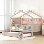 Cama infantil con forma de casita, de madera de pino, tamaño individual con cama nido tamaño individual y barandilla de cuerpo entero