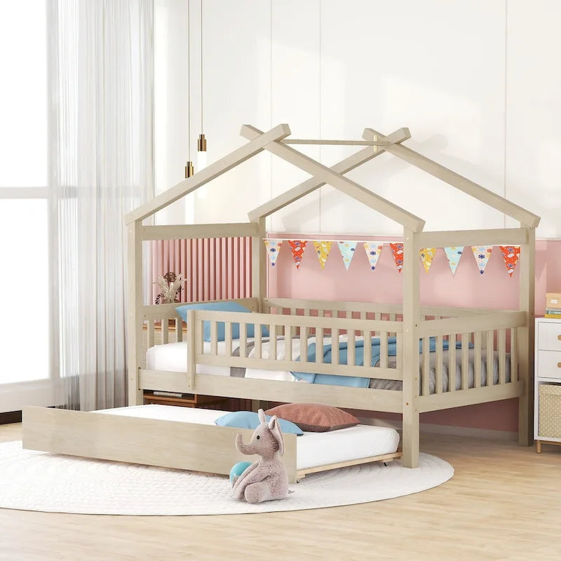 Cama infantil con forma de casita, de madera de pino, tamaño individual con cama nido tamaño individual y barandilla de cuerpo entero
