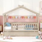 Cama infantil con forma de casita, de madera de pino, tamaño individual con cama nido tamaño individual y barandilla de cuerpo entero