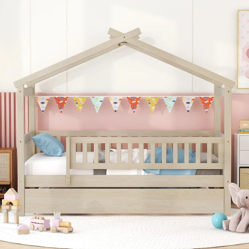 Cama infantil con forma de casita, de madera de pino, tamaño individual con cama nido tamaño individual y barandilla de cuerpo entero