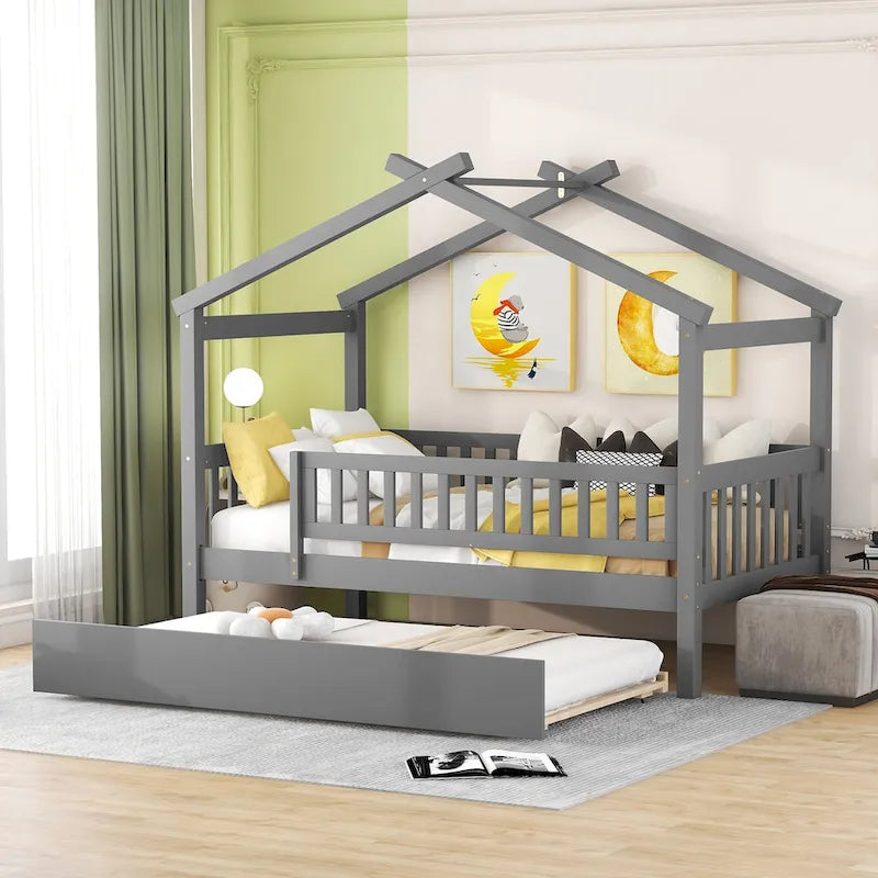 Cama infantil con forma de casita, de madera de pino, tamaño individual con cama nido tamaño individual y barandilla de cuerpo entero