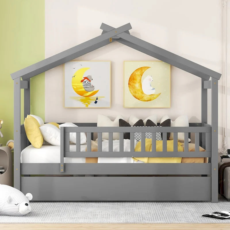 Cama infantil con forma de casita, de madera de pino, tamaño individual con cama nido tamaño individual y barandilla de cuerpo entero