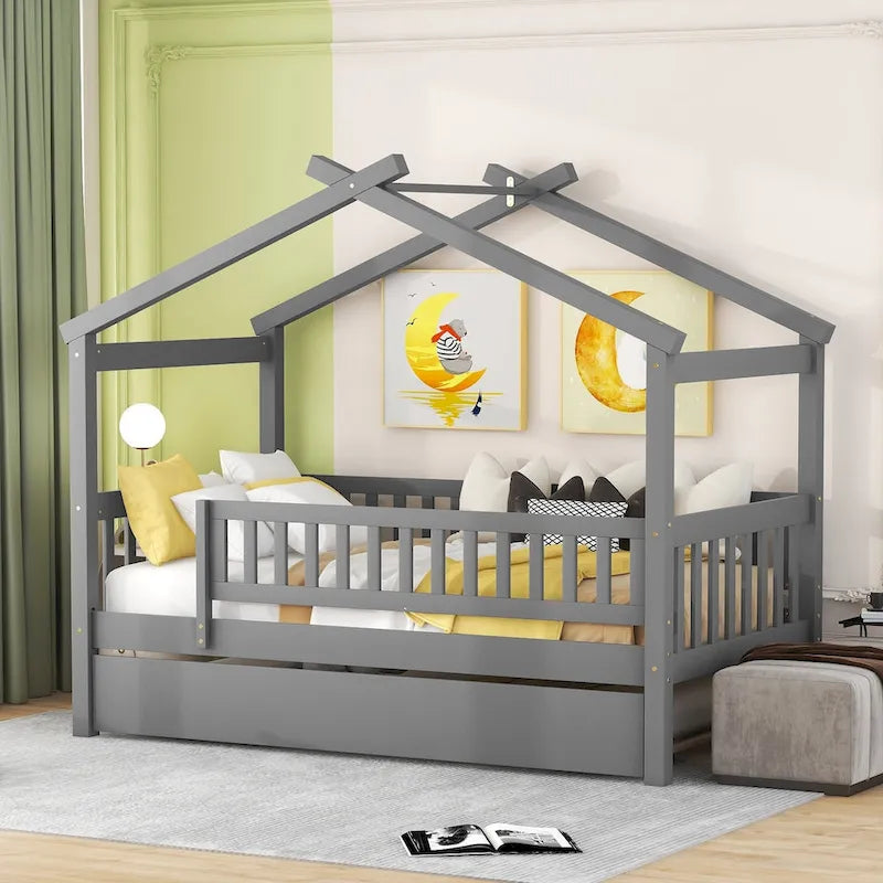 Cama infantil con forma de casita, de madera de pino, tamaño individual con cama nido tamaño individual y barandilla de cuerpo entero
