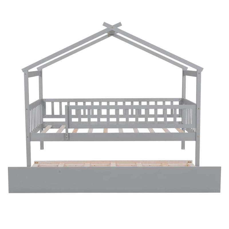 Cama infantil con forma de casita, de madera de pino, tamaño individual con cama nido tamaño individual y barandilla de cuerpo entero