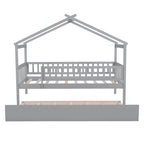 Cama infantil con forma de casita, de madera de pino, tamaño individual con cama nido tamaño individual y barandilla de cuerpo entero
