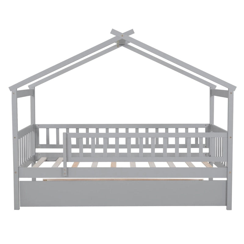 Cama infantil con forma de casita, de madera de pino, tamaño individual con cama nido tamaño individual y barandilla de cuerpo entero