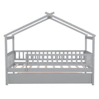 Cama infantil con forma de casita, de madera de pino, tamaño individual con cama nido tamaño individual y barandilla de cuerpo entero