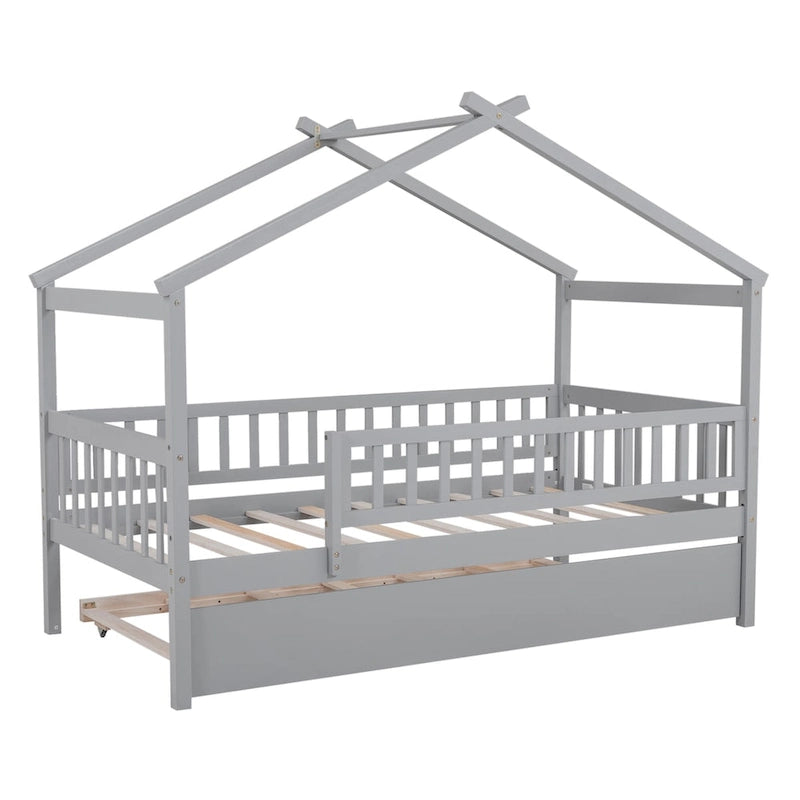 Cama infantil con forma de casita, de madera de pino, tamaño individual con cama nido tamaño individual y barandilla de cuerpo entero