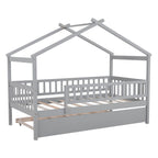 Cama infantil con forma de casita, de madera de pino, tamaño individual con cama nido tamaño individual y barandilla de cuerpo entero