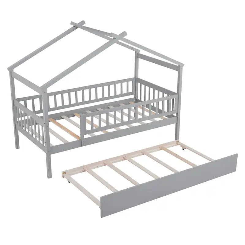 Cama infantil con forma de casita, de madera de pino, tamaño individual con cama nido tamaño individual y barandilla de cuerpo entero