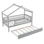 Cama infantil con forma de casita, de madera de pino, tamaño individual con cama nido tamaño individual y barandilla de cuerpo entero