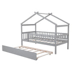 Cama infantil con forma de casita, de madera de pino, tamaño individual con cama nido tamaño individual y barandilla de cuerpo entero