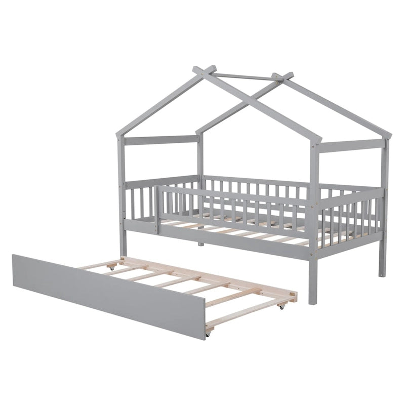 Cama infantil con forma de casita, de madera de pino, tamaño individual con cama nido tamaño individual y barandilla de cuerpo entero
