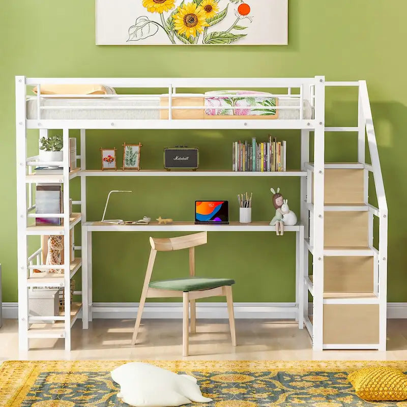 Cama alta metálica con escalera, escritorio integrado y estantes de almacenamiento