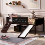 Cama alta individual de madera con tres pizarras, dos cajas de almacenamiento y un tobogán, tres colores disponibles