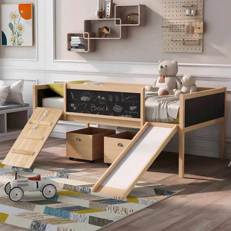 Cama alta individual de madera con tres pizarras, dos cajas de almacenamiento y un tobogán, tres colores disponibles