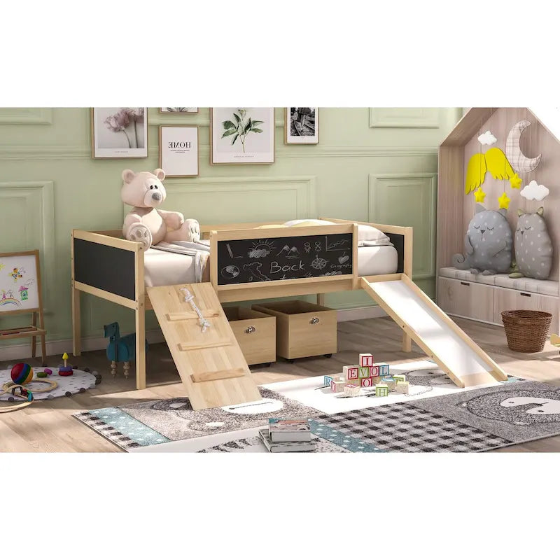 Cama alta individual de madera con tres pizarras, dos cajas de almacenamiento y un tobogán, tres colores disponibles
