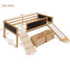 Cama alta individual de madera con tres pizarras, dos cajas de almacenamiento y un tobogán, tres colores disponibles