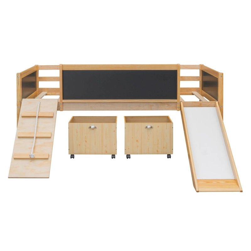 Cama alta individual de madera con tres pizarras, dos cajas de almacenamiento y un tobogán, tres colores disponibles
