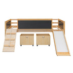 Cama alta individual de madera con tres pizarras, dos cajas de almacenamiento y un tobogán, tres colores disponibles