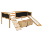 Cama alta individual de madera con tres pizarras, dos cajas de almacenamiento y un tobogán, tres colores disponibles