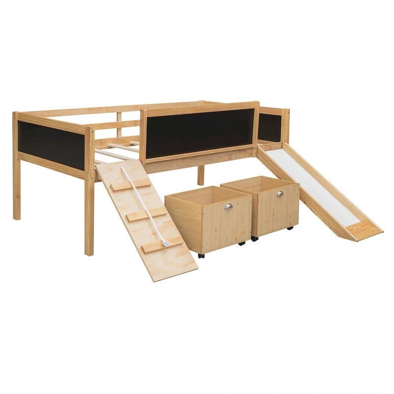Cama alta individual de madera con tres pizarras, dos cajas de almacenamiento y un tobogán, tres colores disponibles