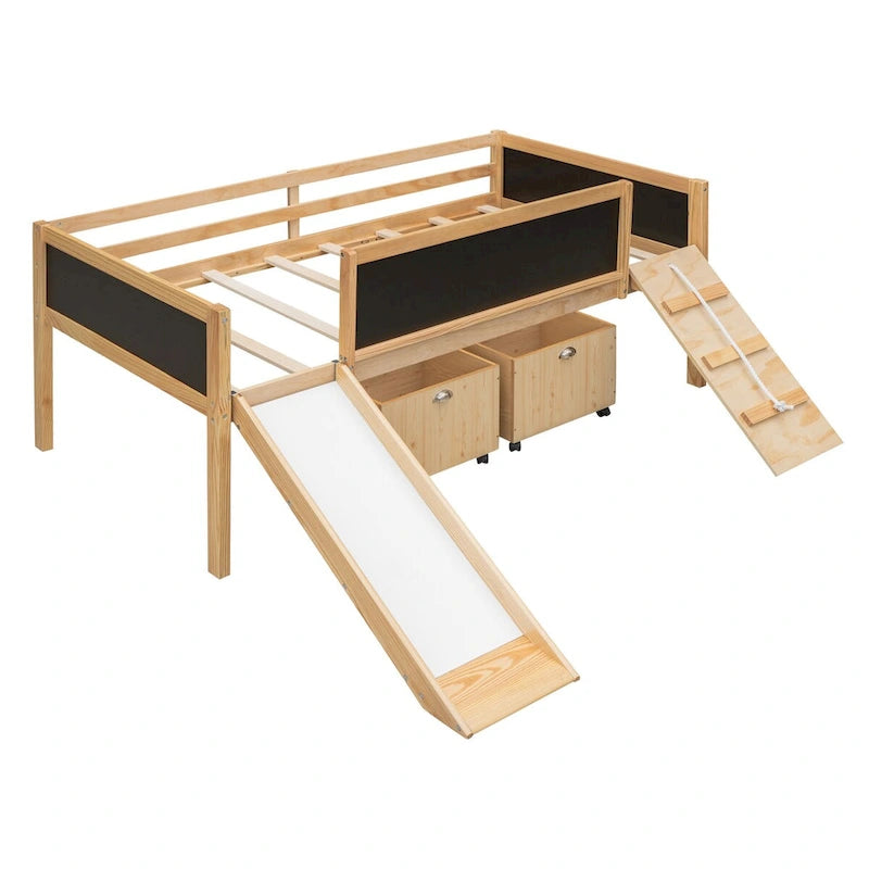Cama alta individual de madera con tres pizarras, dos cajas de almacenamiento y un tobogán, tres colores disponibles