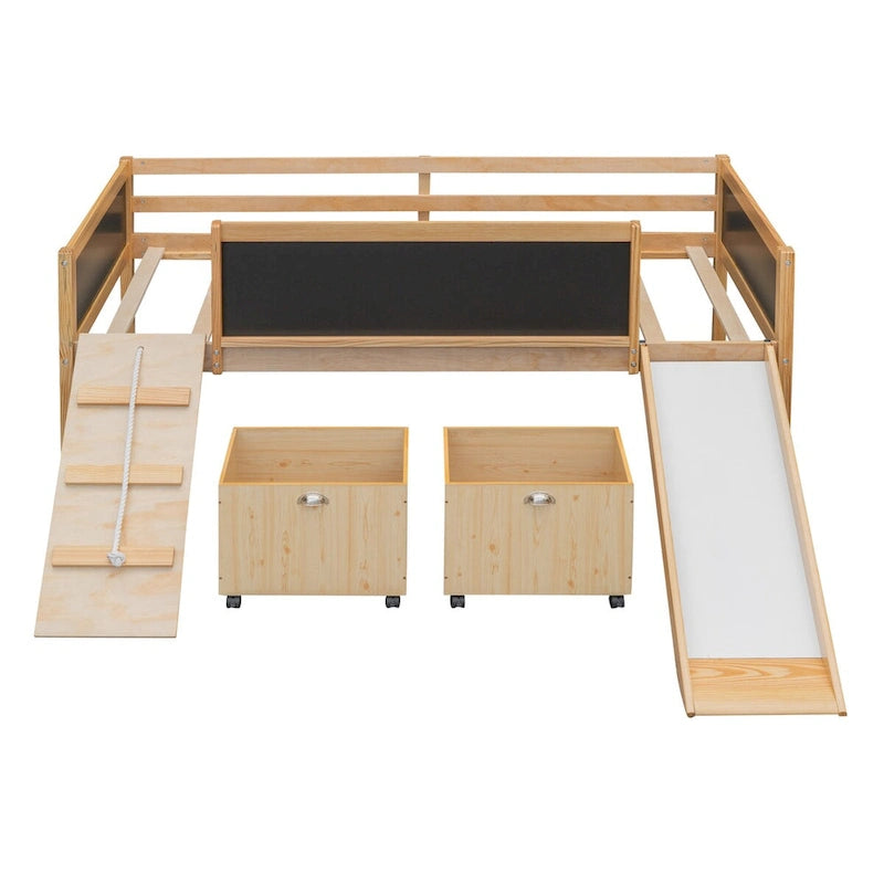 Cama alta individual de madera con tres pizarras, dos cajas de almacenamiento y un tobogán, tres colores disponibles