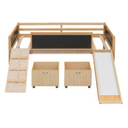 Cama alta individual de madera con tres pizarras, dos cajas de almacenamiento y un tobogán, tres colores disponibles