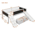 Cama alta individual de madera con tres pizarras, dos cajas de almacenamiento y un tobogán, tres colores disponibles